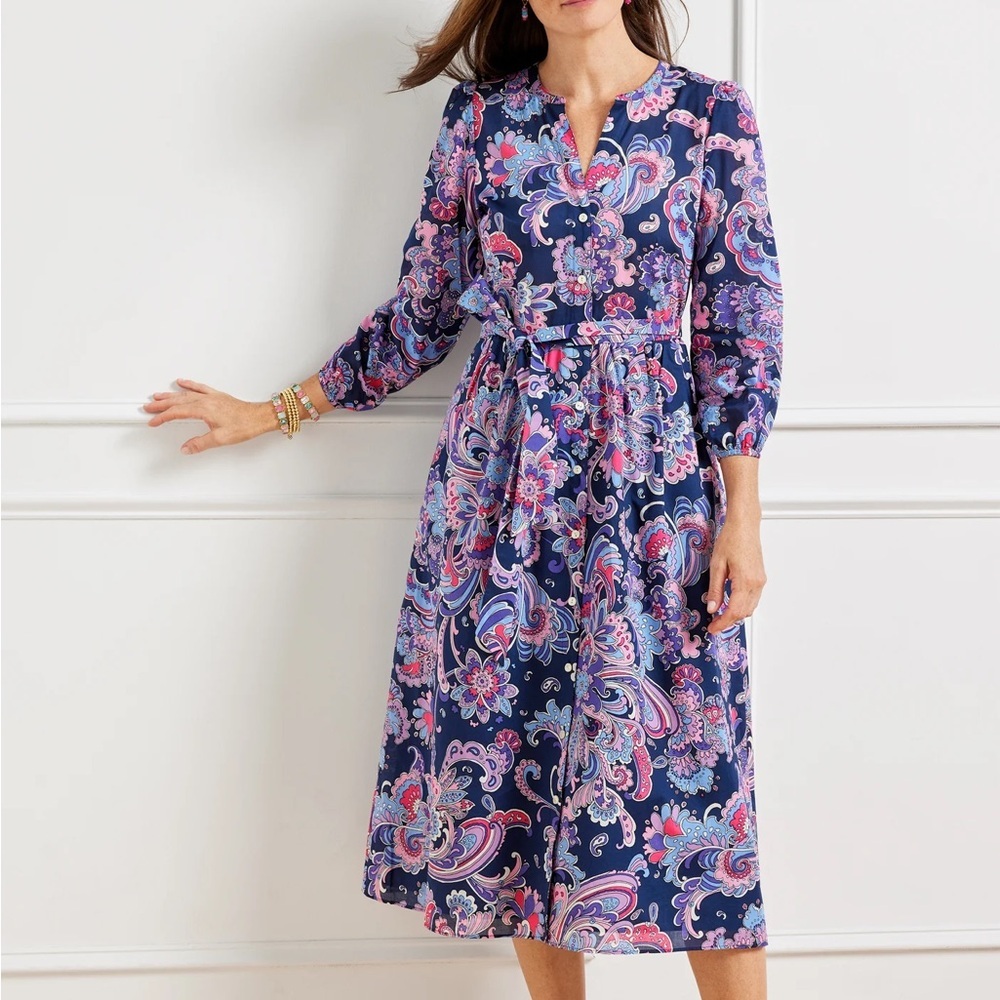 Talbots Petite 10P Navy Swirl Floral Pockets Voile Fit & Flare Shirtdress NWT